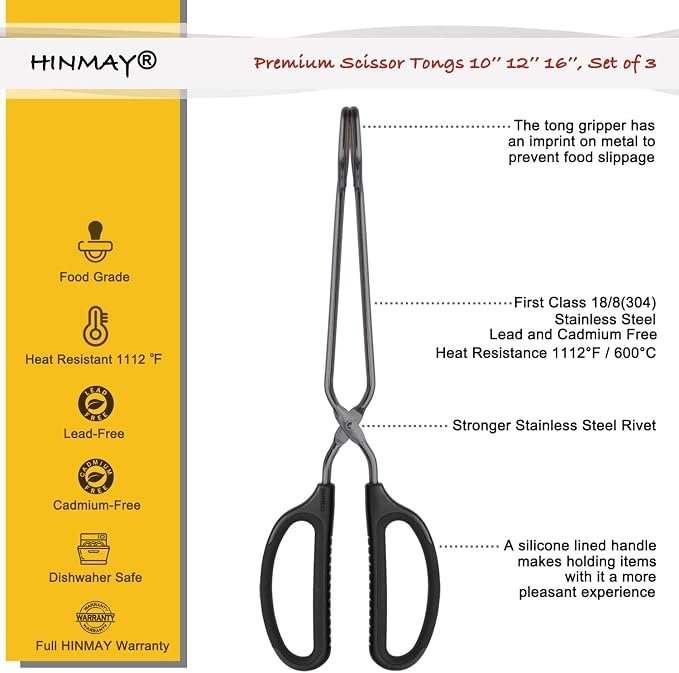 10" 12" 16" Stainless Steel Kitchen Tongs Set, Non-Slip Comfortable Grip - Image 2