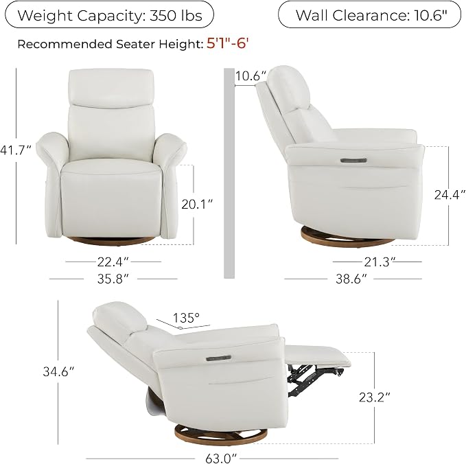 CHITA Genuine Leather Power Recliner Chair, Electric Triple-Motor Swivel Glider - Image 3