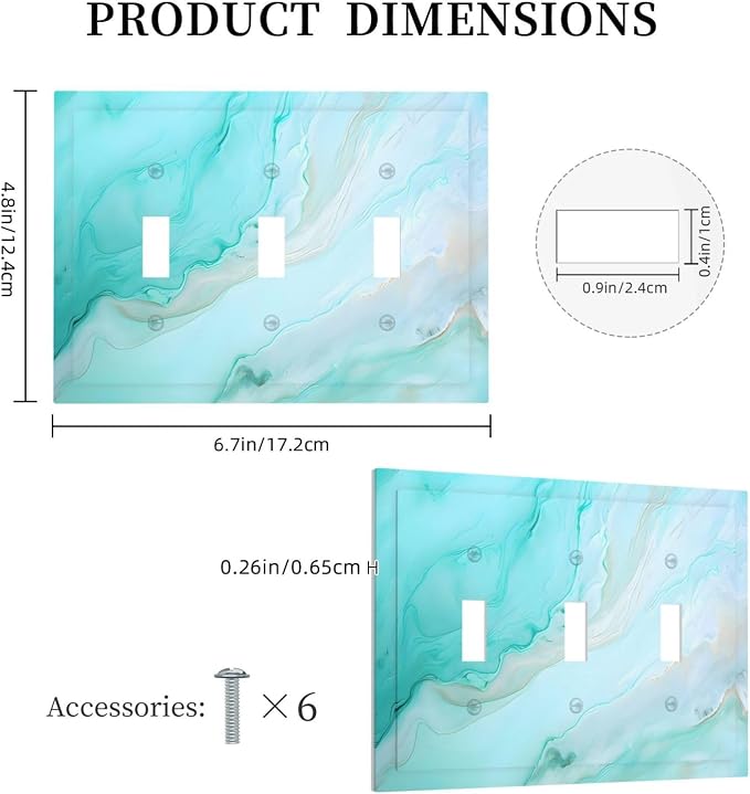 Teal Gold Marbling Turquoise Print Decorative Switch Plates 3 Gang Wall Plate - Image 5