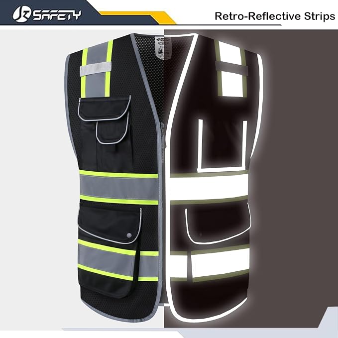 JKSafety 9 Pockets High Visibility Zipper Front MESH Black Safety Vest | Black - Image 4