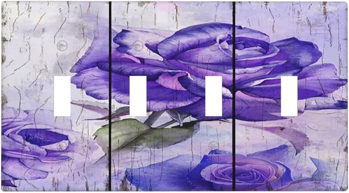 Light Switch Cover Purple Rose Flower Rustic Wood Plank 4 Gang Switch Plate by Spshian