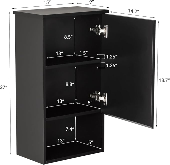 Bathroom Wall Cabinet with Single Door, Soft-Close Hinges, 15x27 inch Wooden - Image 2