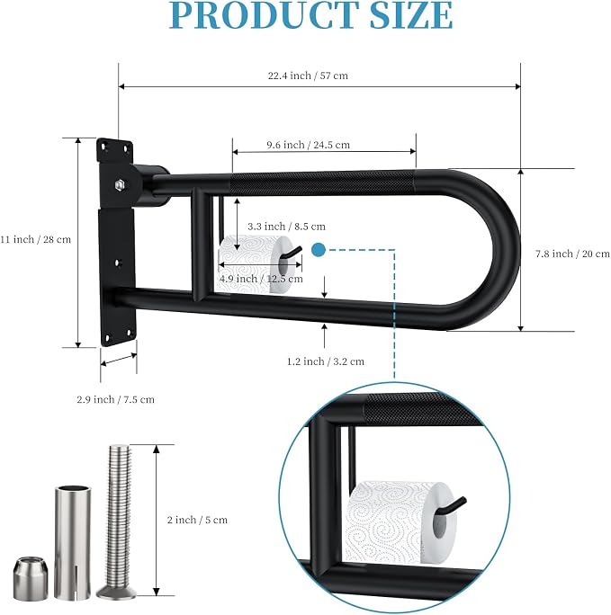 Toilet Grab Bar 22.4 Inch Black, Munzong Anti-Slip Handicap Grab Bars - Image 2