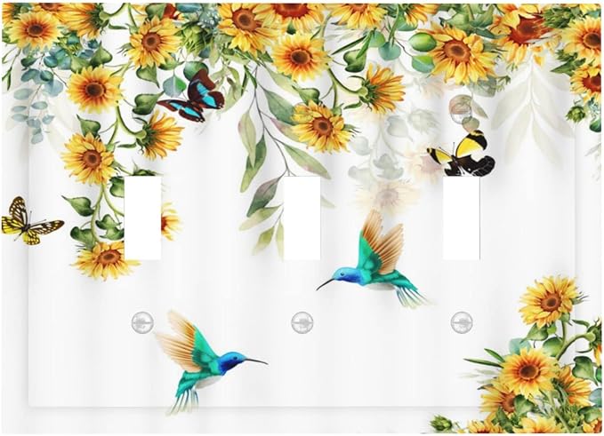 Yellow Sunflower Blue Hummingbird Butterfly 3 Gang Light Switch Covers by Spshian