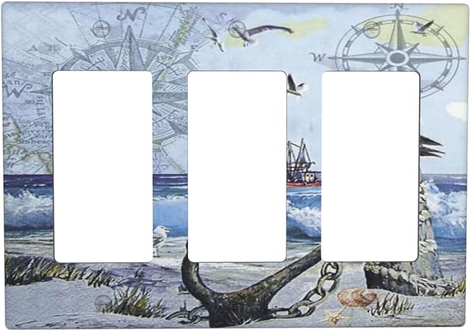 Light Switch Cover Sea Ocean Sand Coast Compass Ship Lighthouse Anchor 3 Gang by Spshian