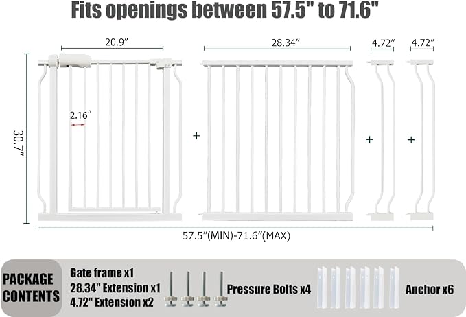Extra Wide Baby Gate Tension Indoor Safety Gates White Metal Large Pressure - Image 2