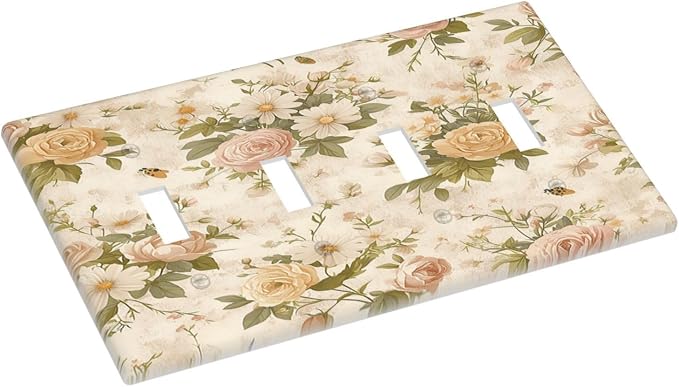 Light Switch Covers Boho Vintage Roses Pink Red Yellow Bouquet Floral Quad - Image 3
