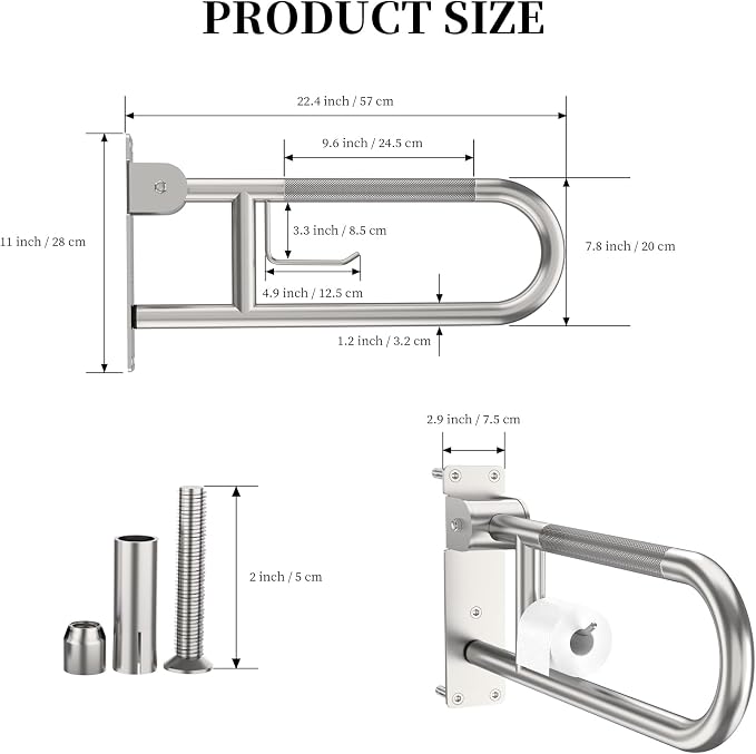 Toilet Grab Bar 22.4 Inch, YuanDe Brushed Nickel Anti-Slip Support Rail - Image 2