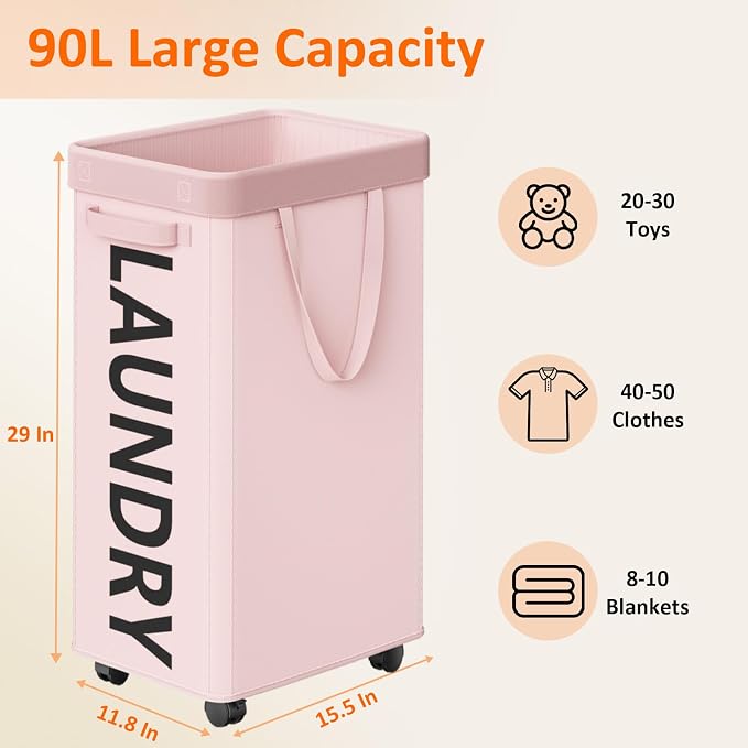 Pink Laundry Basket with Wheels, 90L Rolling Laundry Hamper with Wheels - Image 3
