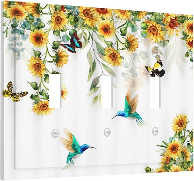 Yellow Sunflower Blue Hummingbird Butterfly 3 Gang Light Switch Covers - Image 2