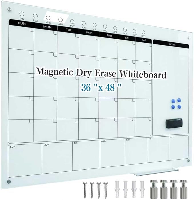 Magnetic Glass Whiteboard Calendar 48"x36" Glass Dry Erase Calender Board by Unknown
