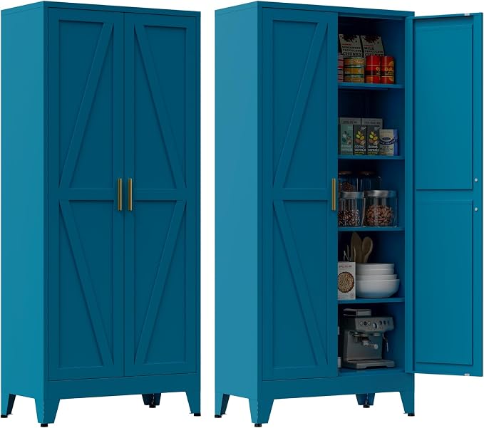 Metal Kitchen Pantry Cabinet, Farmhouse Storage Freestanding Cupboard - Image 3