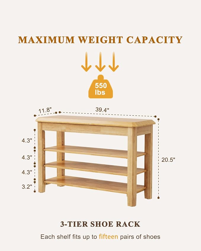 Shoe Rack Bench Seat Rubberwood 3-Tier Wooden Storage Bench 550lbs Compact - Image 2