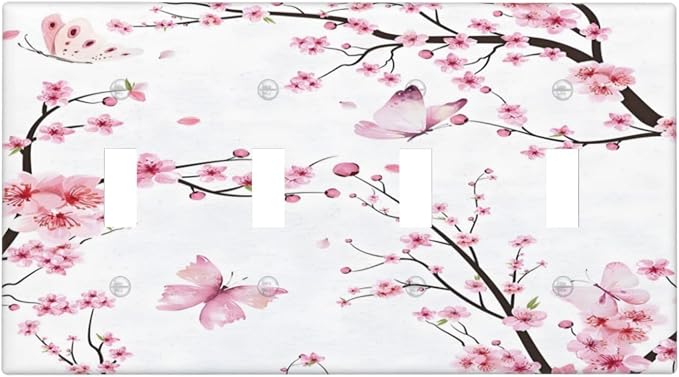 Cherry Floral Watercolor Pink Flowers Butterfly Light Switch Covers Quad Toggle by Unknown
