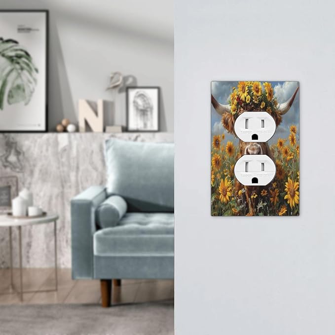 Outlet Covers Vintage Sunflower Highland Cow Rustic Art 1 Gang Duplex Wall - Image 7