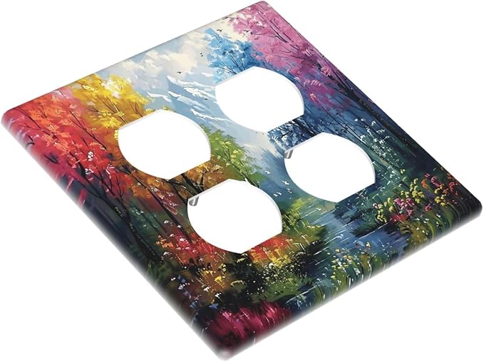 Colorful Forest Snow Mountain River Oil Painting Style Outlet Covers 2 Gang - Image 3