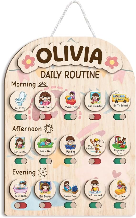 Wooden Chore Chart for Kids, Daily Routine for Girls, Wooden Daily Chore Chart by TinyKidz