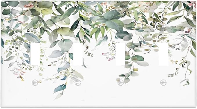 Sage Green Watercolor Eucalyptus Leaves Floral Flowers Light Switch Covers Quad by Unknown