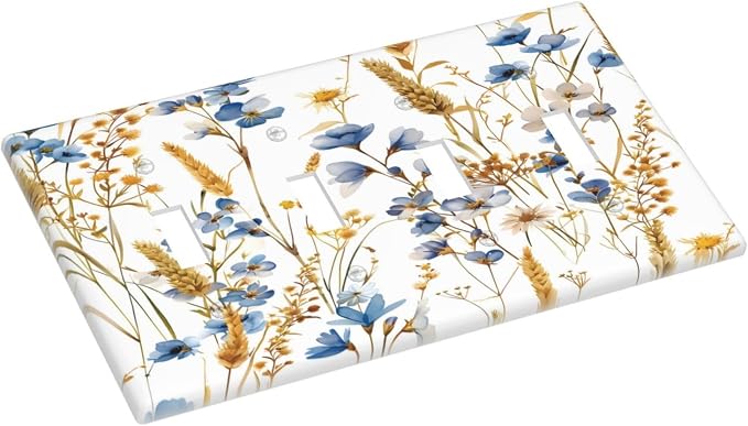 Vintage Wildflower Blue Gold Country Fall Wheat Floral Light Switch Covers Quad - Image 3