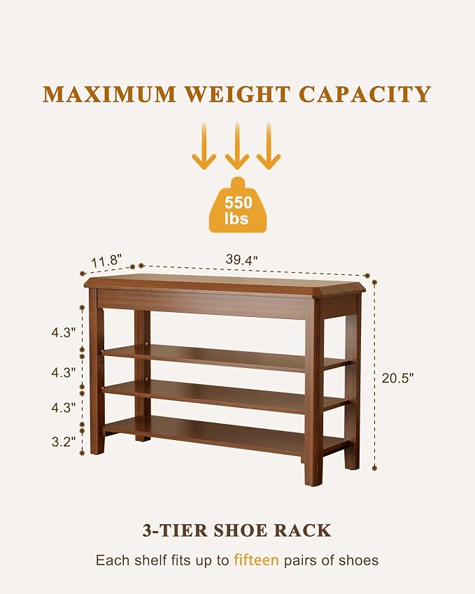 Shoe Rack Bench Seat Rubberwood 3-Tier Wooden Storage Bench 550lbs Compact - Image 2