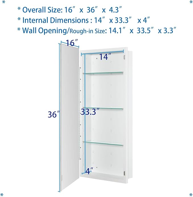 Bathroom Medicine Cabinet with Beveled Edge Mirrored Door 16 x 36 inch - Image 3