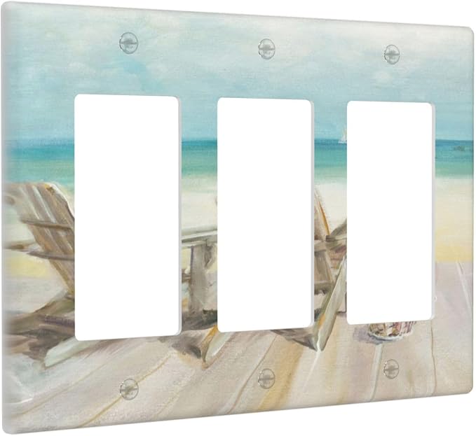 Light Switch Cover Beach Chair Seascape Blue Ocean 3 Gang Wall Plate Triple - Image 2