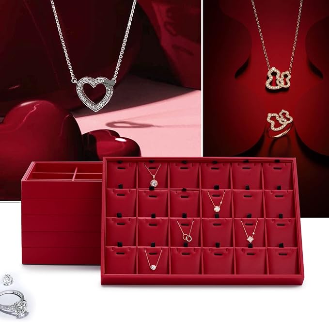 Oirlv Gorgeous Red Leather 24 Gird Jewelry Tray Stackable Jewelry Drawer - Image 2