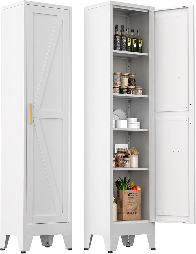 Narrow Metal Cabinet with 4 Adjustable Shelves and Barn Doors, Tall Bathroom by MetalStorageCabient