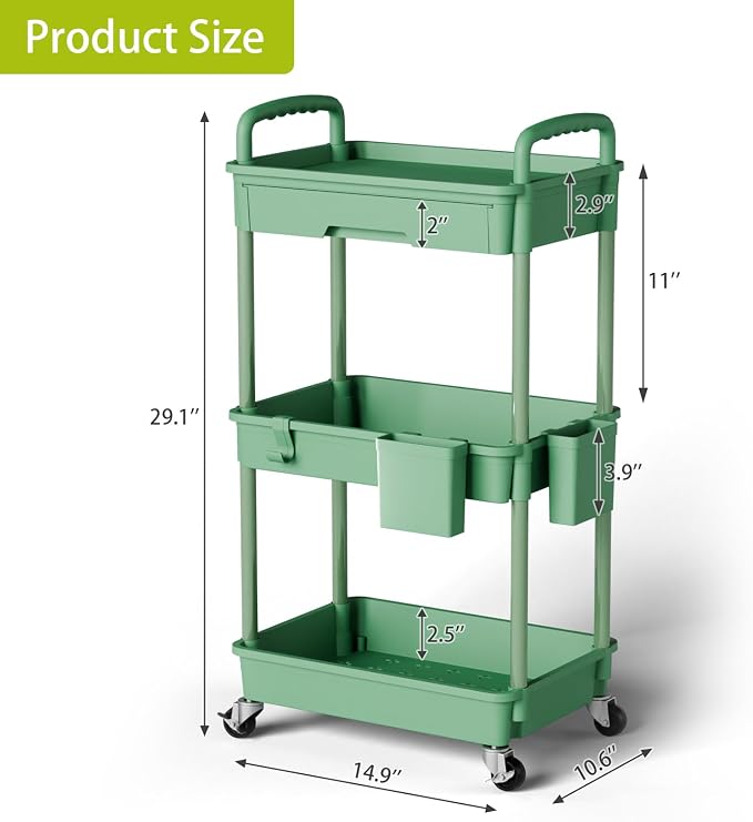 3 Tier Rolling Cart Organizer, Laundry Room Bathroom Organizers and Storage - Image 3