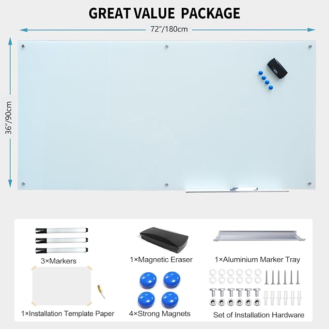 Magnetic Glass Whiteboard 36"X72" Dry Erase Board White Board Wall Mounted - Image 4