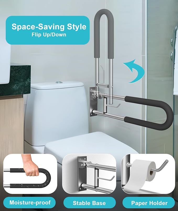 Foldable Toilet Safety Grab Bar, Aluminum Alloy Wall Mounted Handicap Support - Image 2