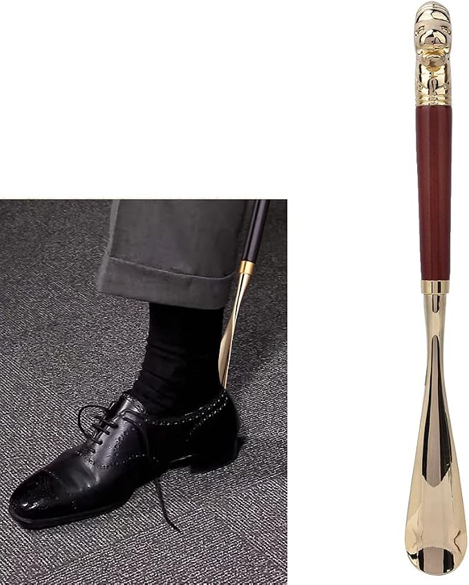 Shoe Horn Long Handled Metal Lion Head Shoe Horn Wooden Long Handle Shoe Lifter - Image 4