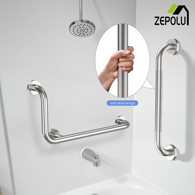 Brushed Nickel L-Shaped Grab Bar 12x24 Inch + Knurled Shower Grab Rail 20 Inch - Image 7