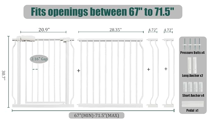 67-71.5 Inch Extra Wide Baby Gate, Pressure Mounted No Drill, Heavy-Duty Metal - Image 2