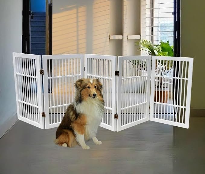 Pet Dog Gate Strong and Durable Freestanding Folding Acacia Hardwood Portable - Image 7
