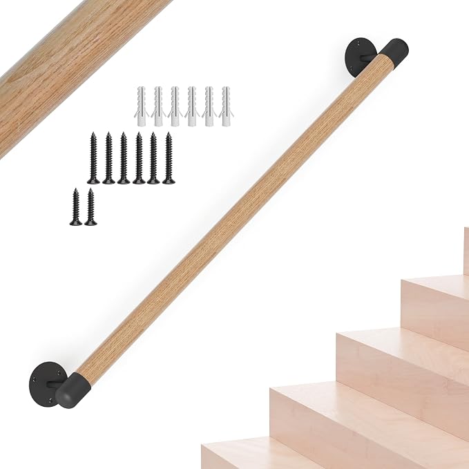 2FT Round Wooden Stair Handrail, Indoor Staircase Handrail, Wall Mount Support by KWDOBUUS