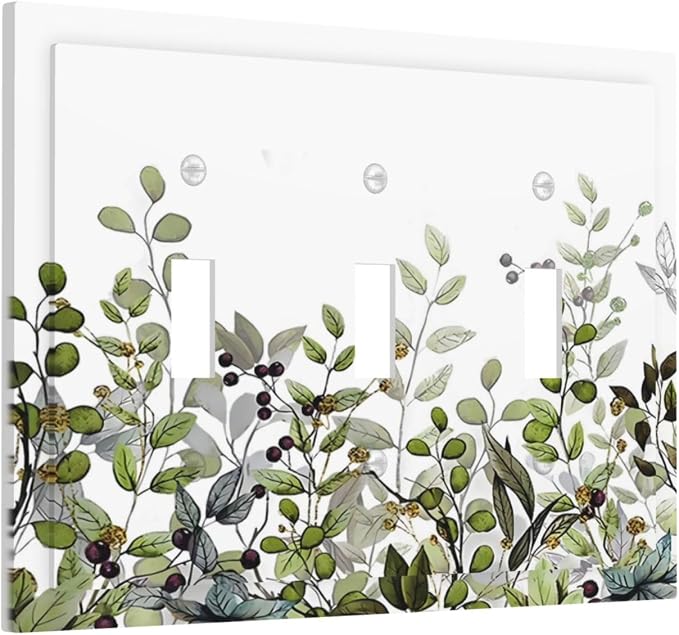 Watercolor Green Eucalyptus Leaves Plants Fruit Decorative Switch Plates 3 Gang - Image 2
