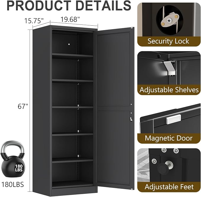67" Metal Storage Cabinet with Lock, Tall Narrow Office File Cabinets with 5 - Image 3