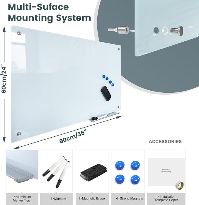 Glass Whiteboard 36"X24" Magnetic Dry Erase Board Frameless Wall Mounted White - Image 3