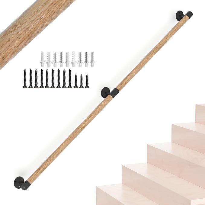 4FT Round Wooden Stair Handrail, Indoor Staircase Handrail, Wall Mount Support by KWDOBUUS