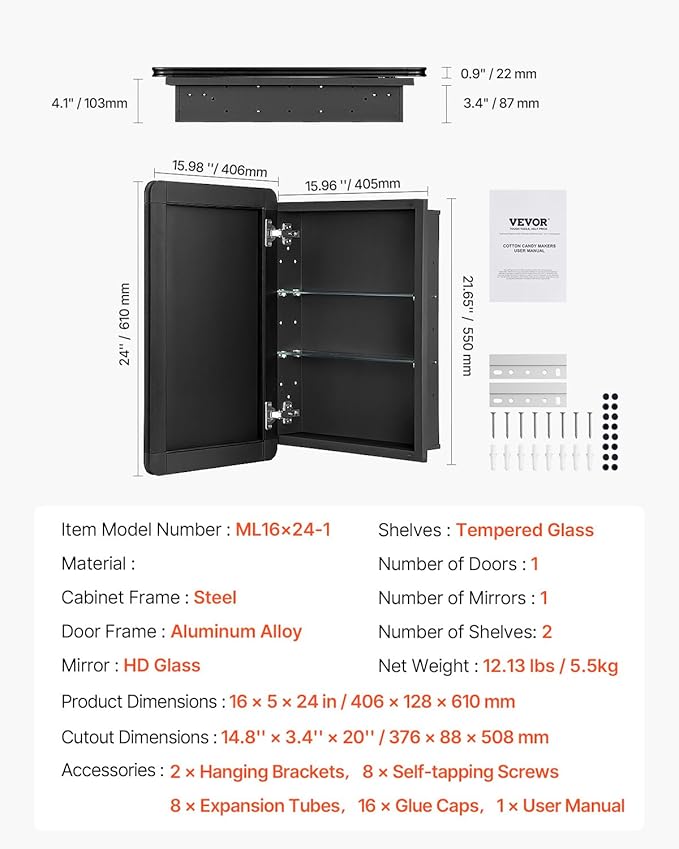 VEVOR Medicine Cabinet, 16 x 24 inch, Medicine Cabinet - Image 3