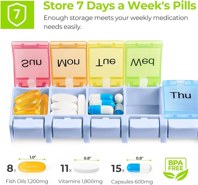 AUVON Weekly Pill Organizer Arthritis Friendly, BPA Free Travel 7 Day Pill Box - Image 3