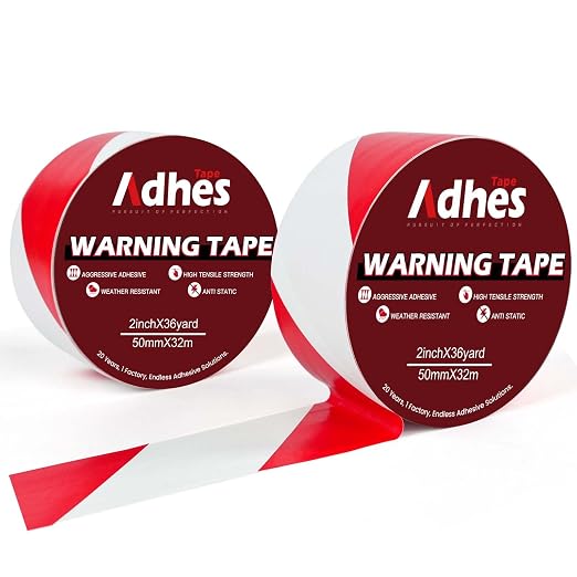 ADHES Red & White Hazard Warning Safety Tape, 2 Inch x 35 Yards x 2 Rolls High by ADHESTAPEPERSUITOFPERFECTION