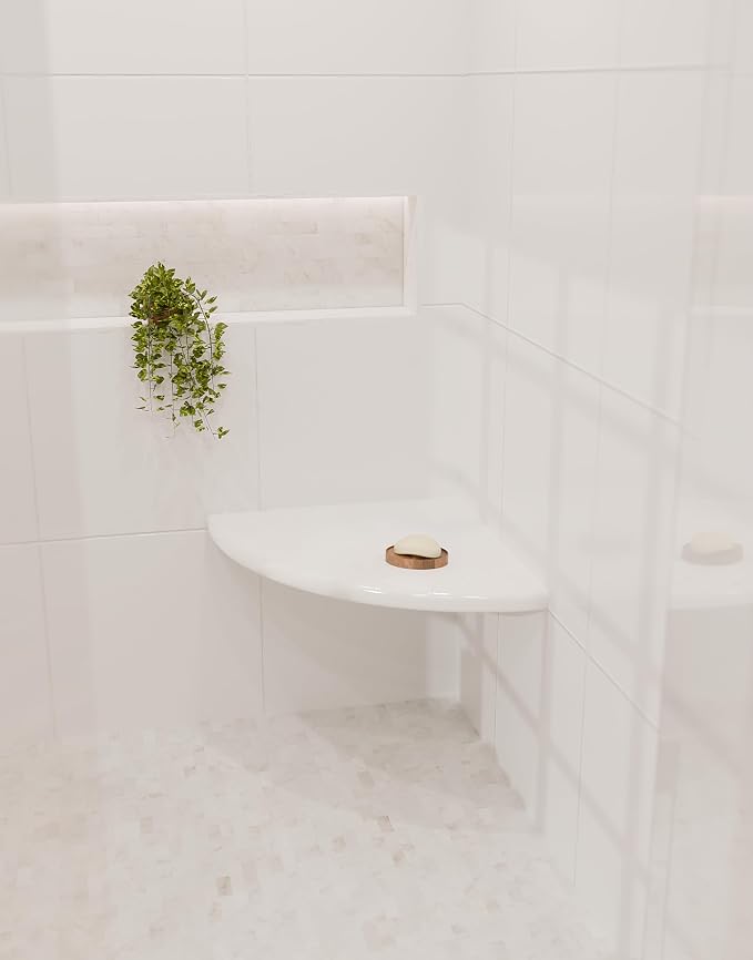 18" Super White Engineered Marble Corner Shower Seat – Floating or Solid Mount - Image 3