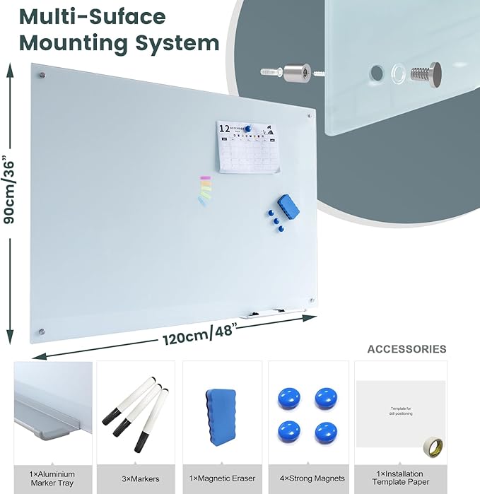 Glass Whiteboard 48"X36" Magnetic Glass White Board Frameless Wall Mounted Dry - Image 4