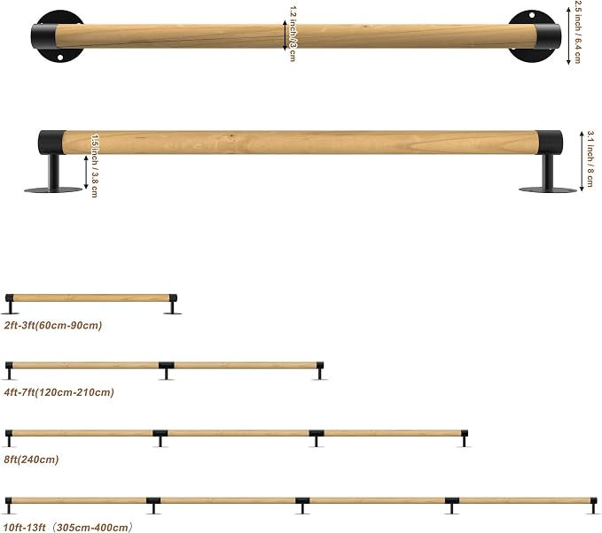 5FT Round Wooden Handrail for Indoor Staircase Handrail, Wall Mount Support - Image 2