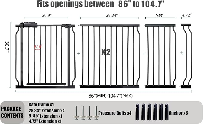 Heavy Duty Baby & Dog Safety Gate 86-104.7 Inch, Pressure Mounted No Drilling - Image 2
