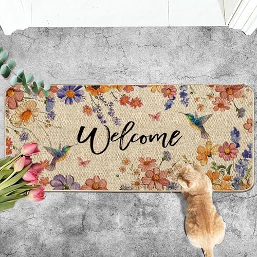 Wildflower Welcome Doormat 17"x36", Flower Spring Door Mat Indoor