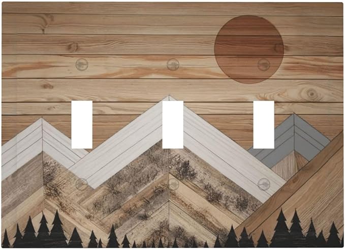 Wooden Planks Mosaic Snow Mountain Sun Decorative Switch Plates 3 Gang Wall by Unknown
