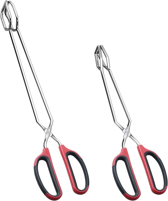 12" 16" Extra Long Stainless Steel Kitchen Tongs Set, Non-Slip Comfortable Red by HINMAY